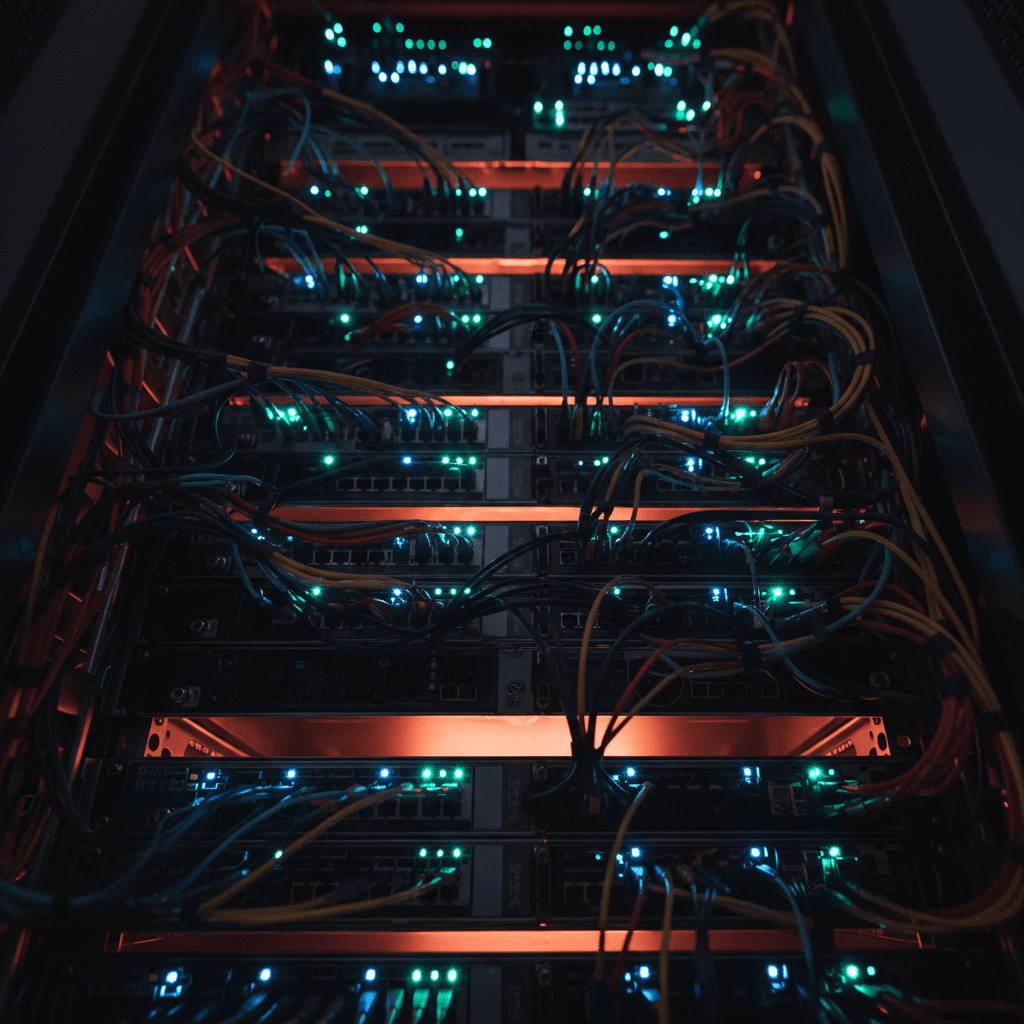 Cloud server infrastructure with status lights and network cables